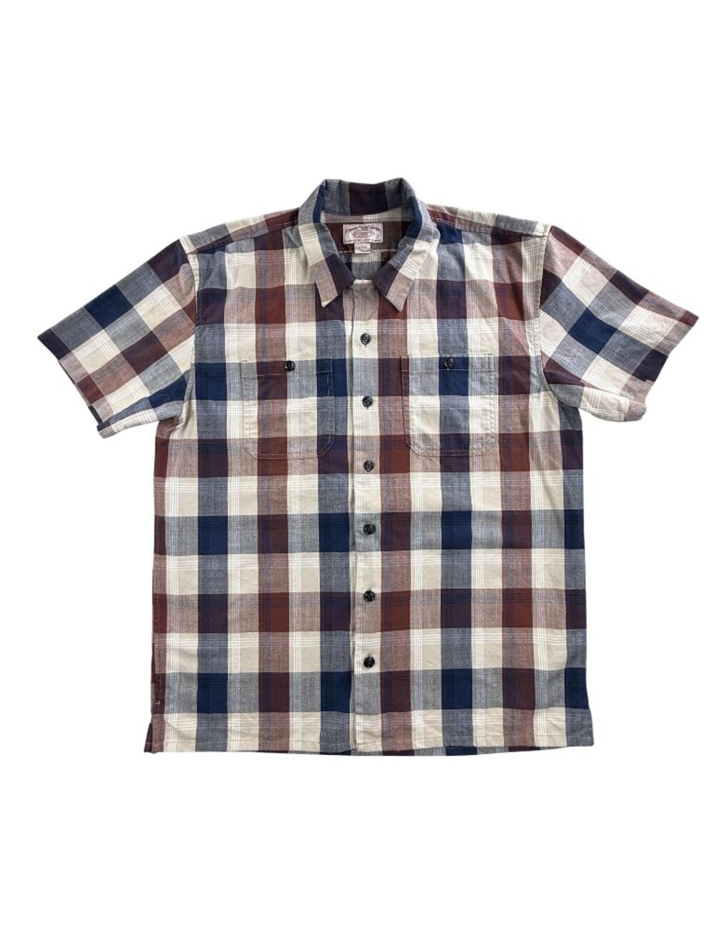 Filson Shirt Mens Large Blue Brown Plaid Short Sleeve Button Up Cotton Pockets